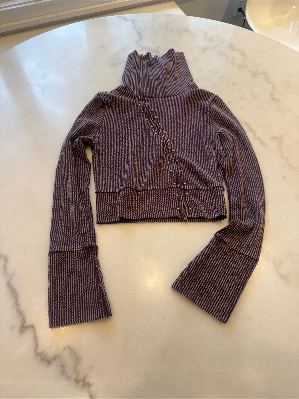 Ribbed High-Neck zippered Purple Cropped Sweater with Stud Detail